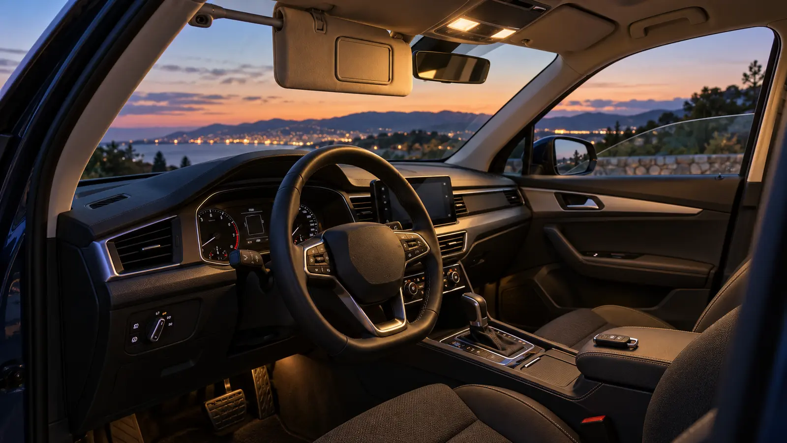 Interior de un coche con el parasol lateral extendido, las ventanillas abiertas y un mando a distancia