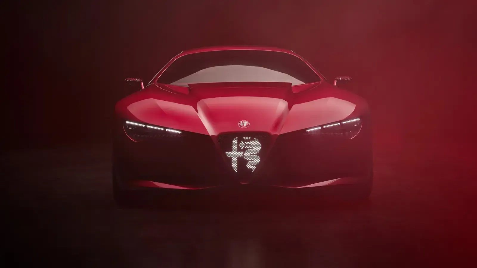 Vista frontal completa del Alfa Romeo Cuorerosso con el Scudetto iluminado