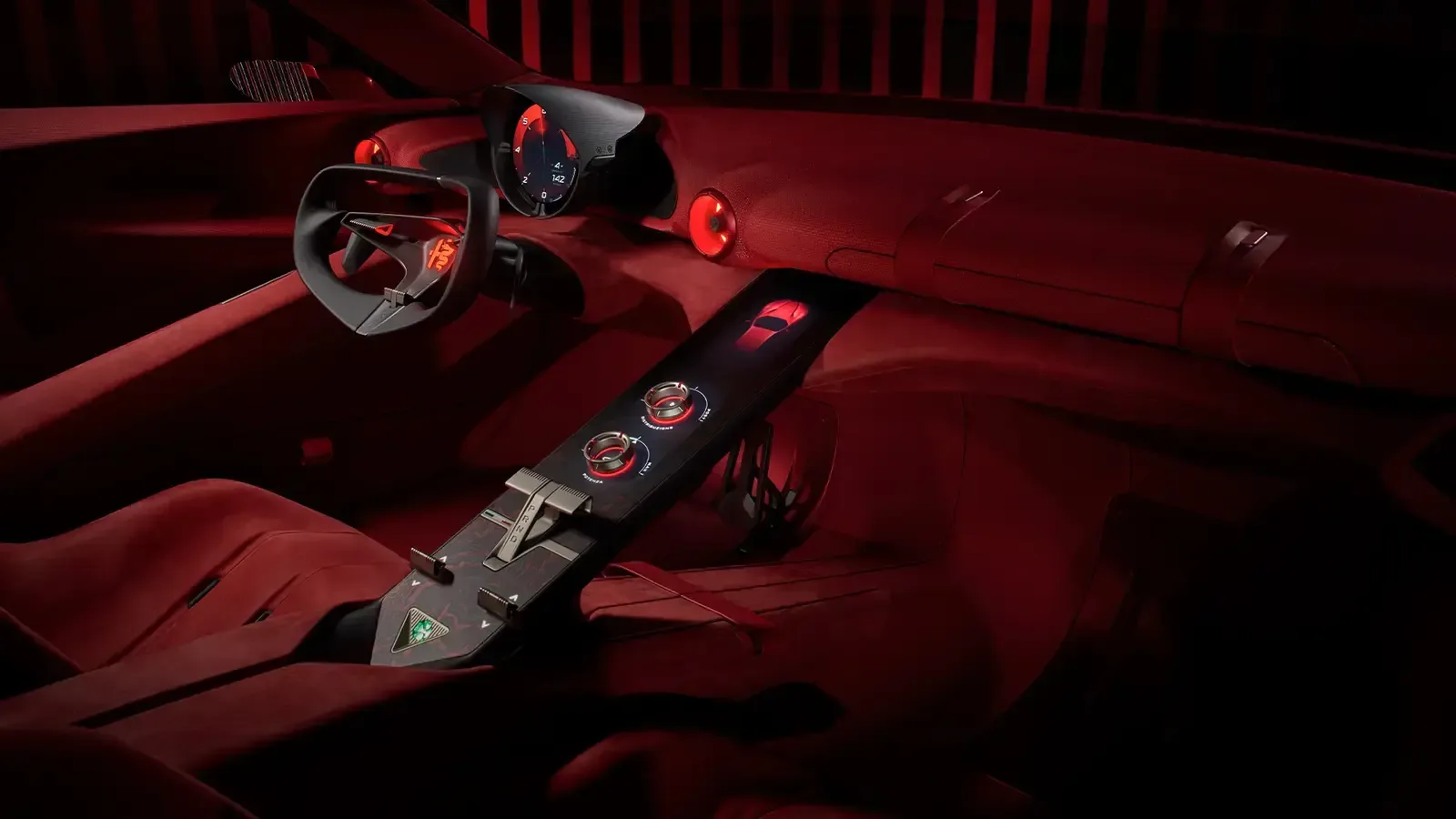 Habitáculo completo del Alfa Romeo Cuorerosso con volante, Cannocchiale Vivente y consola central