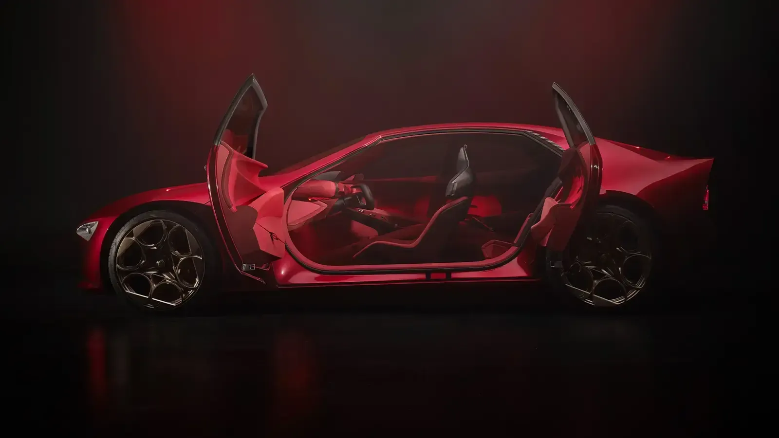 Perfil completo del Alfa Romeo Cuorerosso con las puertas delanteras y traseras abiertas