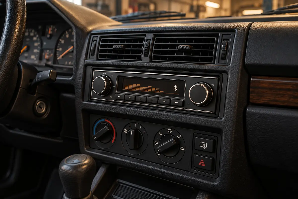 Ilustración editorial de una radio Bluetooth de formato 1 DIN y estética clásica instalada en un salpicadero antiguo