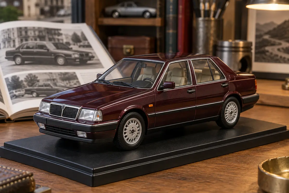 Recreación editorial de una miniatura a escala inspirada en el Lancia Thema sobre una base de exposición