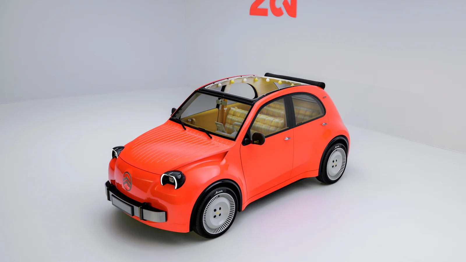 Nuevo Citroën 2 CV Concept completo desde una vista elevada con el techo de lona abierto