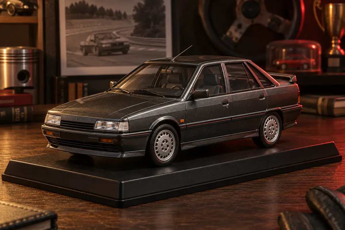 Ilustración editorial de una miniatura a escala inspirada en el Renault 21 Turbo sobre una base de exposición