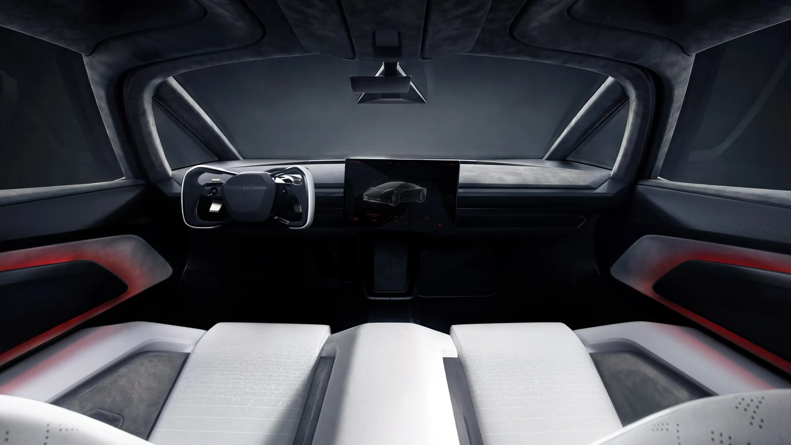 Interior del Tesla Roadster 2026 con yoke, pantalla central y dos monitores frontales