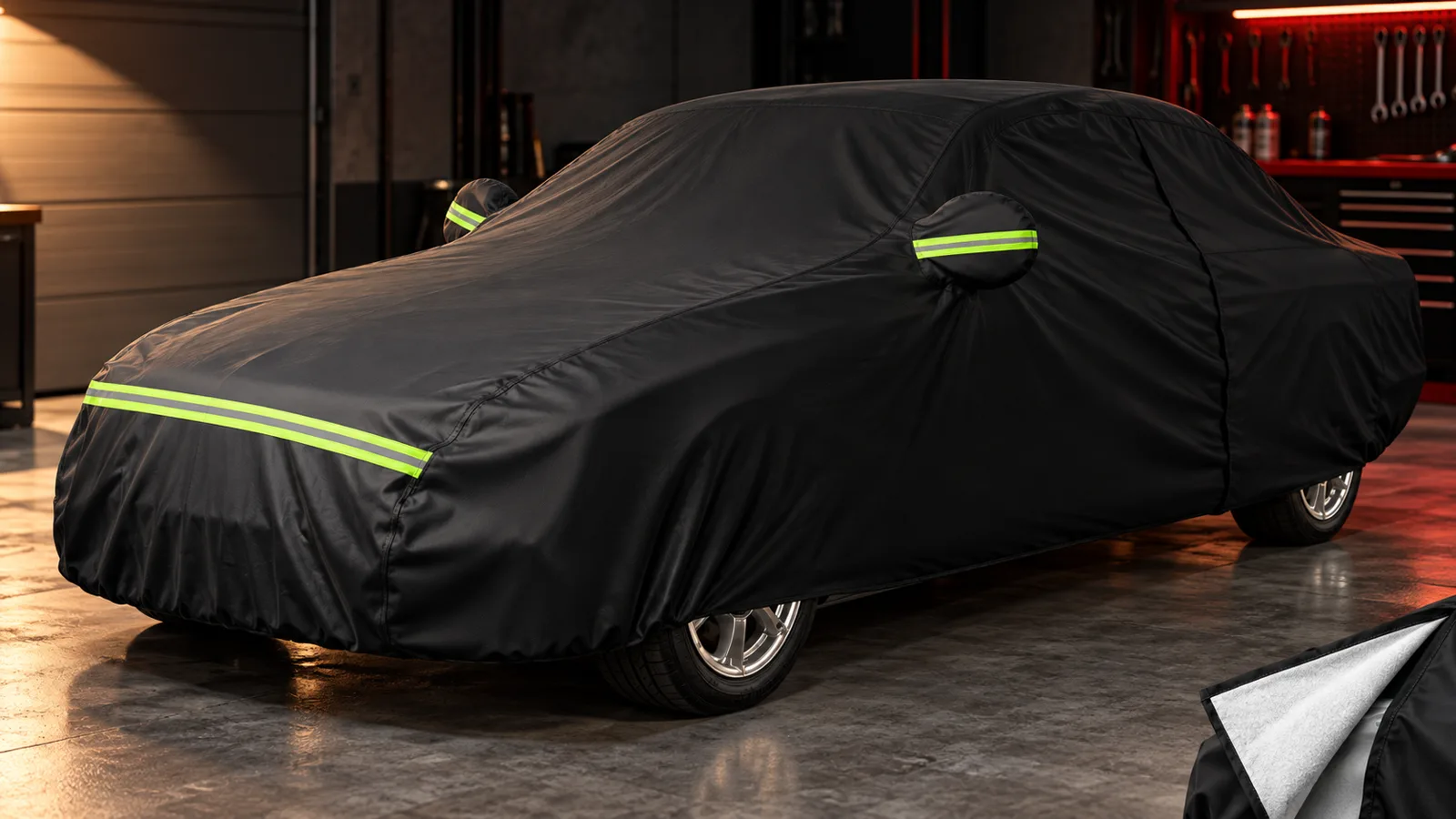 Funda integral negra con bandas reflectantes cubriendo una berlina clásica en un garaje