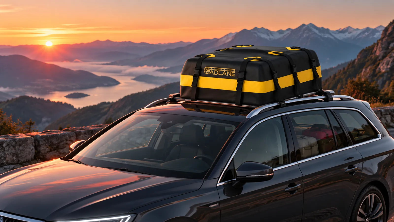 Bolsa de techo GADLANE negra y amarilla instalada sobre un coche familiar de viaje