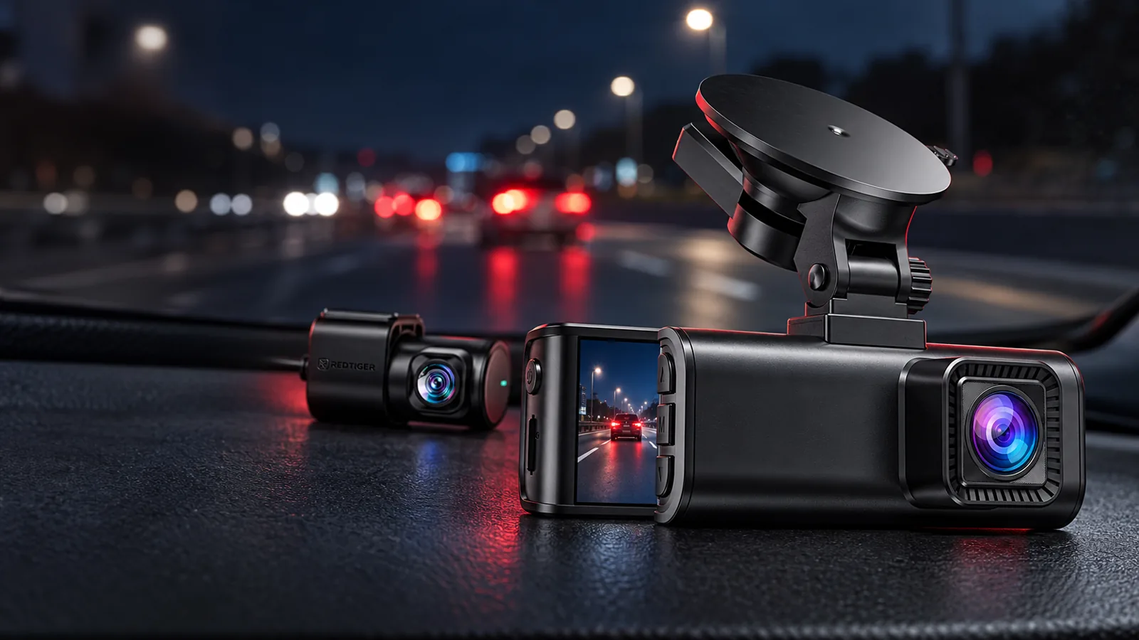 Dashcam REDTIGER F7NP con cámara delantera y trasera ante una carretera nocturna